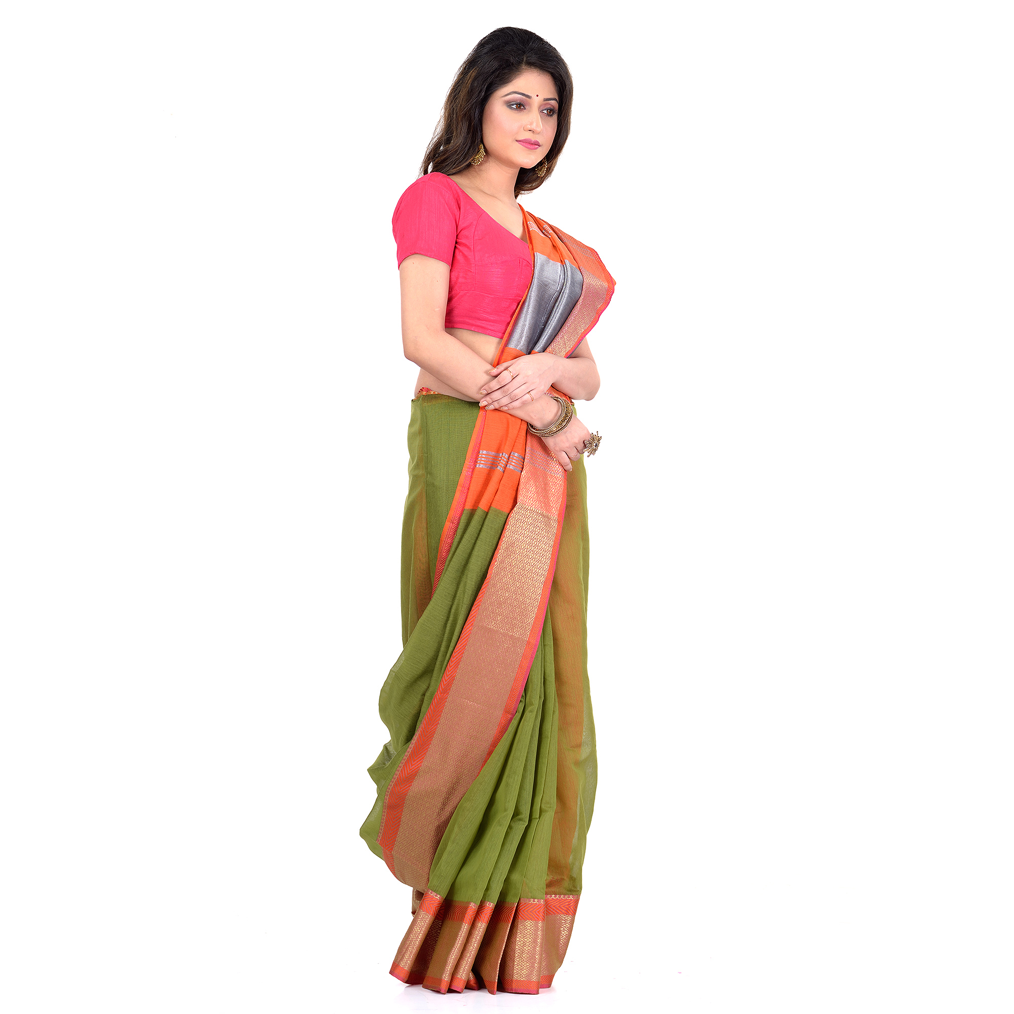 DESH BIDESH Women`s Handloom Cotton Silk Saree Jacquard Maheswari Design Zari Work With Blouse Piece(Light Green Orange)